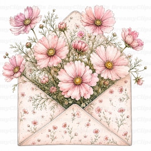 May include: A watercolor illustration of an open envelope featuring a delicate pink floral pattern. The envelope is overflowing with a bouquet of blooming pink cosmos flowers, complete with green stems, foliage, and several small flower buds.