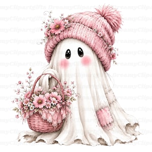 May include: A white ghost character wearing a pink knit beanie with a pom-pom and floral accents. The ghost has large black eyes and pink cheeks, and it is holding a pink woven basket filled with pink flowers and green leaves.