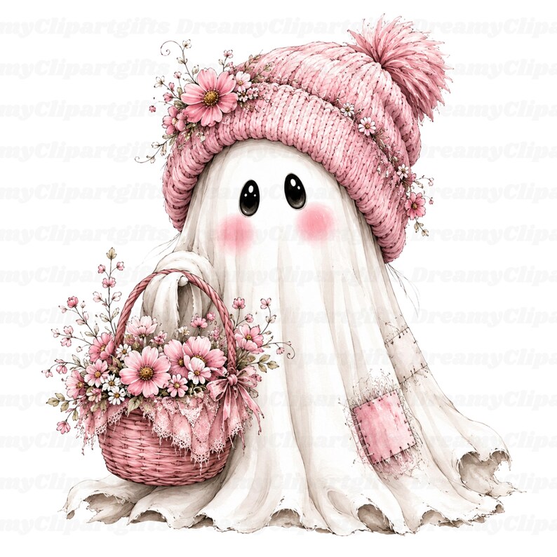 May include: A white ghost character wearing a pink knit beanie with a pom-pom and floral accents. The ghost has large black eyes and pink cheeks, and it is holding a pink woven basket filled with pink flowers and green leaves.