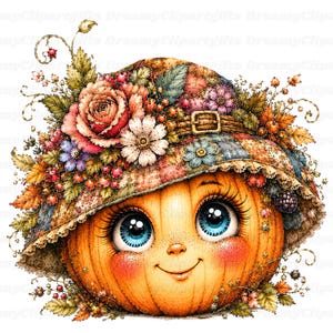 Puede incluir: Un personaje de calabaza de dibujos animados con grandes ojos azules y una cara sonriente, que lleva un sombrero de ala ancha adornado con varias flores coloridas, hojas verdes y peque&ntilde;as bayas rojas. El sombrero tiene una hebilla y encaje.