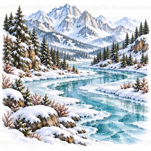 Könnte beinhalten: Eine winterliche Landschaftsillustration mit einem gewundenen türkisfarbenen Fluss, der durch ein verschneites Tal fließt. Hohe, mit weißem Schnee bestäubte Nadelbäume säumen die Ufer, während im Hintergrund gezackte, schneebedeckte Berggipfel aufragen.