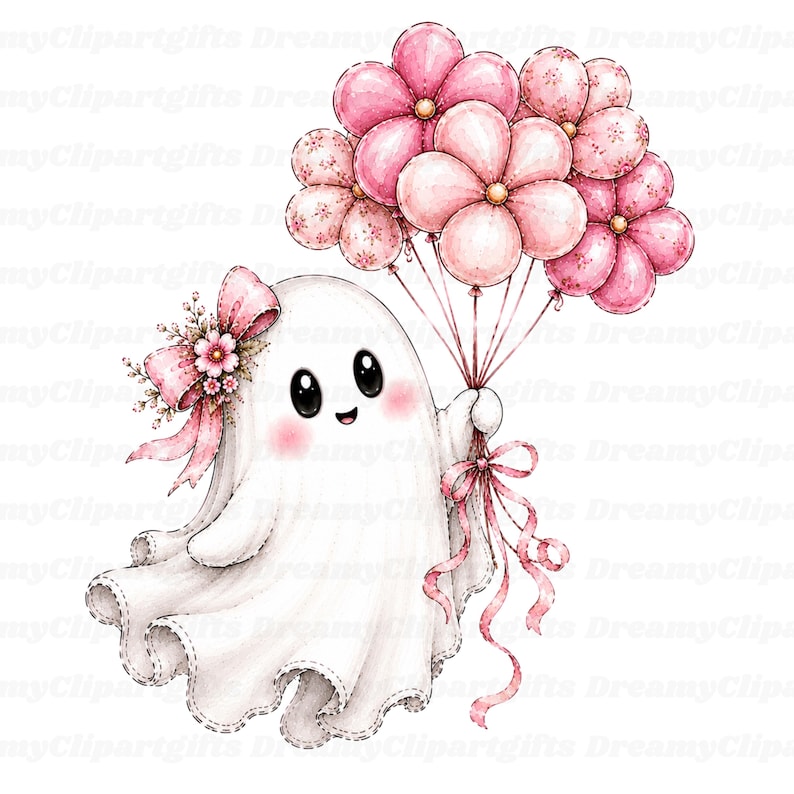 May include: A white ghost illustration with large black eyes and pink cheeks, wearing a pink bow with small flowers on its head. The ghost holds a cluster of pink flower-shaped balloons tied with a pink ribbon, featuring delicate petal details.