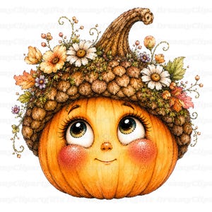 Puede incluir: Un personaje de calabaza naranja redondo con ojos grandes y expresivos y mejillas sonrosadas, que lleva una gorra de bellota marr&oacute;n texturizada adornada con margaritas blancas, peque&ntilde;as flores silvestres coloridas y hojas verdes.