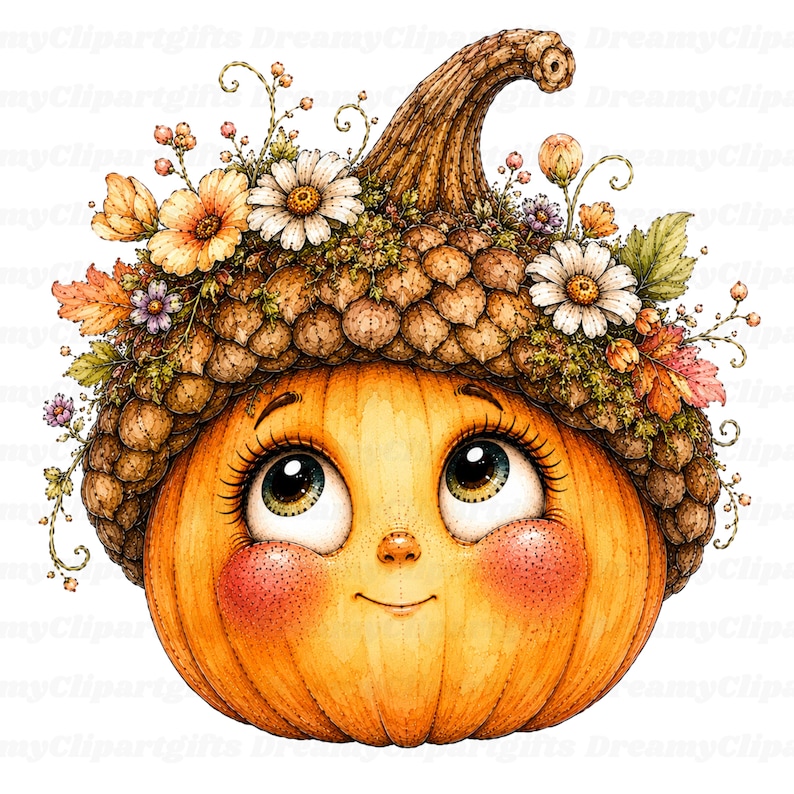 Puede incluir: Un personaje de calabaza naranja redondo con ojos grandes y expresivos y mejillas sonrosadas, que lleva una gorra de bellota marr&oacute;n texturizada adornada con margaritas blancas, peque&ntilde;as flores silvestres coloridas y hojas verdes.
