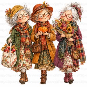 Puede incluir: Una ilustración de tres figuras mayores con ropa de otoño, incluyendo gorros de punto, bufandas y abrigos. Una lleva una bolsa de manzanas, otra sostiene una calabaza pequeña y otra sostiene un ramo de flores de otoño. Llevan gafas y botas.