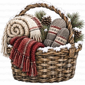 May include: A woven brown wicker basket filled with a cream-coloured knit blanket, a red fringed scarf, and a pair of grey patterned knit mittens. The basket is decorated with green pine branches, brown pinecones, and a dusting of white snow.
