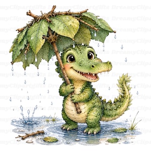 May include: A green cartoon alligator standing in a puddle during a rain shower, holding a large umbrella constructed from green leaves and brown twigs. The alligator has a light-colored belly, textured skin, and a smiling expression.