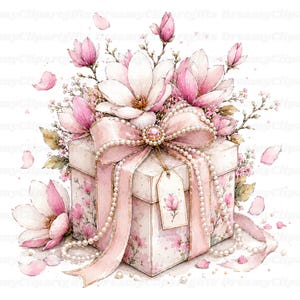 May include: A square gift box decorated with a pink floral pattern, topped with a large pink ribbon bow and a string of pearls. A small rectangular gift tag featuring a single pink flower illustration hangs from the ribbon, surrounded by magnolia blossoms.
