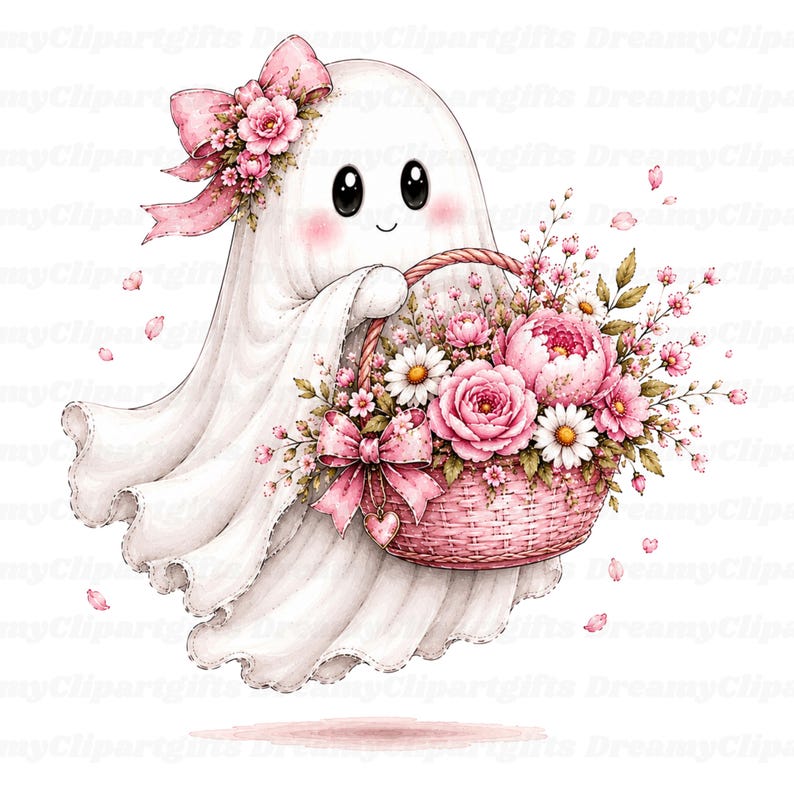32 Pink Ghost Clipart Whimsical Autumn Pumpkin Ghost Characters PNG Cute Girly Ghost Illustration Art Nursery Decor Watercolor Pastel Ghost image 11
