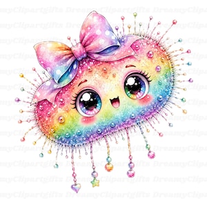 May include: A colorful, glittery, oval-shaped character with a large rainbow-patterned bow on top. It features large, expressive eyes, a small smiling mouth, and numerous thin, radiating spikes tipped with small beads, stars, and hearts.