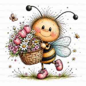 Könnte beinhalten: Eine Cartoon-Illustration einer flauschigen gelb-schwarzen Biene mit Fühlern, die rosa Schuhe trägt und einen geflochtenen braunen Korb voller rosa Tulpen, weißer Gänseblümchen und kleiner violetter Blumen sowie zwei kleine orangefarbene Schmetterlinge hält.