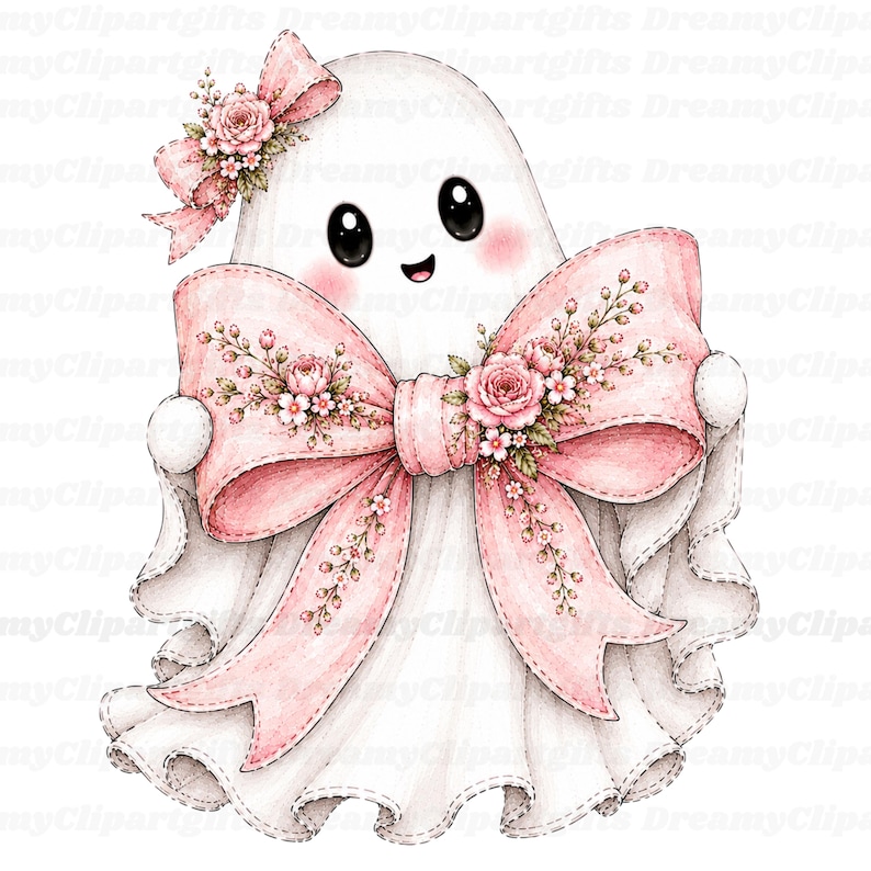 May include: A white ghost illustration featuring large black eyes, a small smile, and pink cheeks. The ghost is adorned with a large, light pink bow decorated with floral patterns and smaller pink roses on the top left and center.