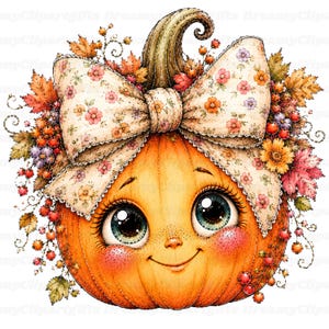 Puede incluir: Una ilustraci&oacute;n de calabaza de dibujos animados con una cara grande y sonriente, ojos expresivos de gran tama&ntilde;o y mejillas sonrosadas. La calabaza est&aacute; adornada con un gran lazo color crema con peque&ntilde;as flores, rodeada de hojas de oto&ntilde;o y bayas rojas.