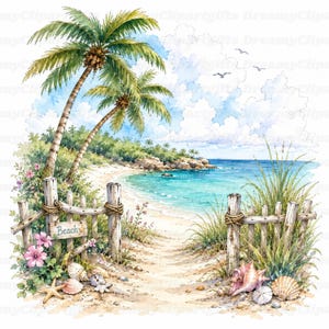 Op de afbeelding: Een aquarelillustratie van een tropisch strand met twee palmbomen, een houten hek met een bordje met de tekst Beach, roze hibiscusbloemen, diverse schelpen en helmgras onder een blauwe lucht met witte wolken en vogels.