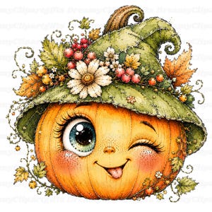 Puede incluir: Una ilustraci&oacute;n caprichosa de un personaje de calabaza naranja con un ojo grande gui&ntilde;ando un ojo y una peque&ntilde;a lengua fuera. La calabaza lleva un sombrero verde de ala ancha adornado con margaritas blancas, bayas rojas y hojas de oto&ntilde;o amarillas.