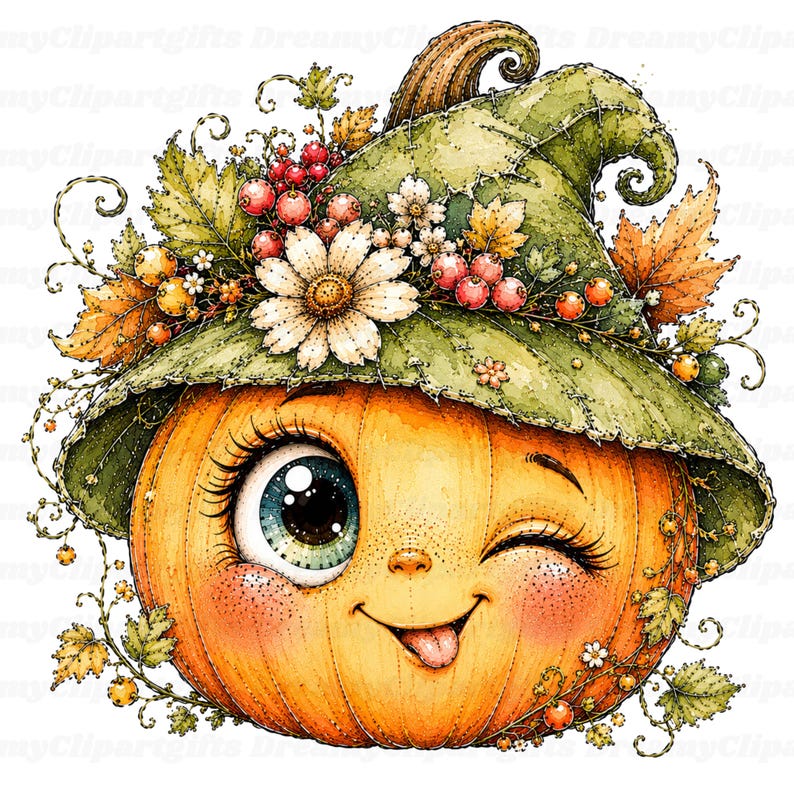 Puede incluir: Una ilustraci&oacute;n caprichosa de un personaje de calabaza naranja con un ojo grande gui&ntilde;ando un ojo y una peque&ntilde;a lengua fuera. La calabaza lleva un sombrero verde de ala ancha adornado con margaritas blancas, bayas rojas y hojas de oto&ntilde;o amarillas.