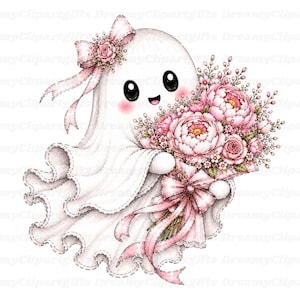 May include: A white ghost illustration featuring large black eyes, pink cheeks, and a bow on its head. The ghost holds a large bouquet of pink peonies and small flowers, wrapped in a pink ribbon with a bow, all rendered in a soft, detailed style.