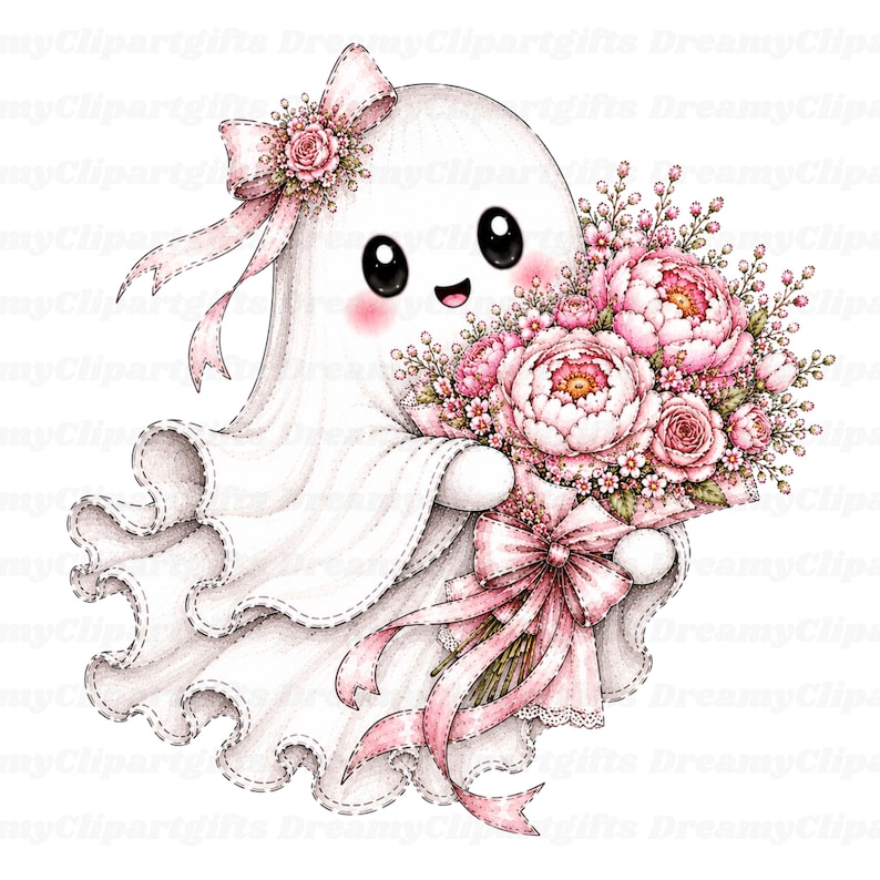 May include: A white ghost illustration featuring large black eyes, pink cheeks, and a bow on its head. The ghost holds a large bouquet of pink peonies and small flowers, wrapped in a pink ribbon with a bow, all rendered in a soft, detailed style.