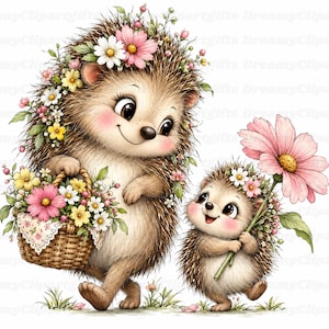 Könnte beinhalten: Eine Illustration eines großen und eines kleinen Igels. Der große Igel trägt einen Kranz aus rosa und weißen Blumen und trägt einen geflochtenen Korb voller bunter Blumen. Der kleine Igel hält eine große rosa Blume in seinen Pfoten.