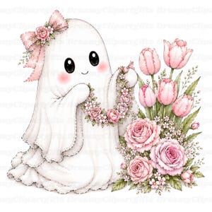 May include: A white ghost illustration featuring large black eyes and pink cheeks, wearing a pink floral bow on its head. The ghost holds a floral garland next to a bouquet of pink roses and tulips with green leaves and small white flowers.