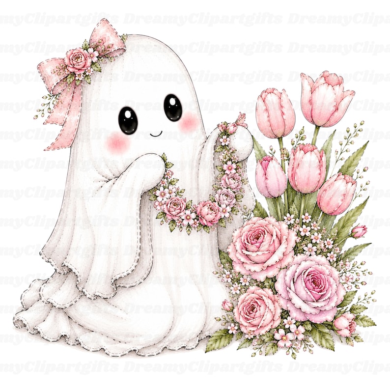 May include: A white ghost illustration featuring large black eyes and pink cheeks, wearing a pink floral bow on its head. The ghost holds a floral garland next to a bouquet of pink roses and tulips with green leaves and small white flowers.