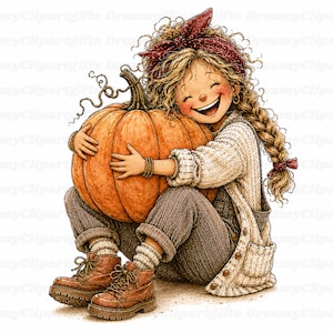 May include: A digital illustration of a smiling character with curly blonde hair in a braid and a dark red bandana, wearing a cream-coloured knit cardigan over brown trousers, hugging a large orange pumpkin while wearing brown lace-up boots.