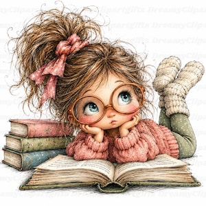 31 läsande flicka clipart nyckfull bokälskare PNG akvarell udda tonårsflicka bokmal läsare flicka bibliotekarie böcker läsning journal element