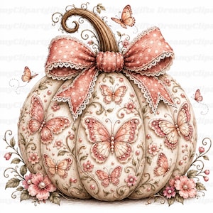 Könnte beinhalten: Eine cremefarbene Kürbisillustration, verziert mit rosa Schmetterlingen, kleinen Blumen und geschwungenen Ranken. Ein großes, gepunktetes rosa Band mit Spitzenbesatz ist um den Stiel gebunden. Das Design zeigt mehrere Schmetterlingsmotive.