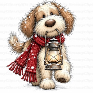 May include: A fluffy brown and cream-coloured dog illustration wearing a long, textured red knit scarf with fringe. The dog holds a vintage-style metal lantern in its mouth, which emits a warm, glowing light, while white snowflakes fall.
