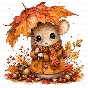 May include: A small mouse wearing a brown coat and a matching knit scarf, holding a large orange maple leaf as an umbrella. The scene includes scattered acorns, red berries, and autumn foliage, all rendered in a detailed, illustrative style.