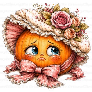 Puede incluir: Un personaje de calabaza naranja redondo con grandes ojos azules y una expresi&oacute;n triste, que lleva un gorro con volantes decorado con rosas rosadas y hojas verdes. El gorro est&aacute; atado bajo la barbilla con un gran lazo de cinta rosa con lunares.