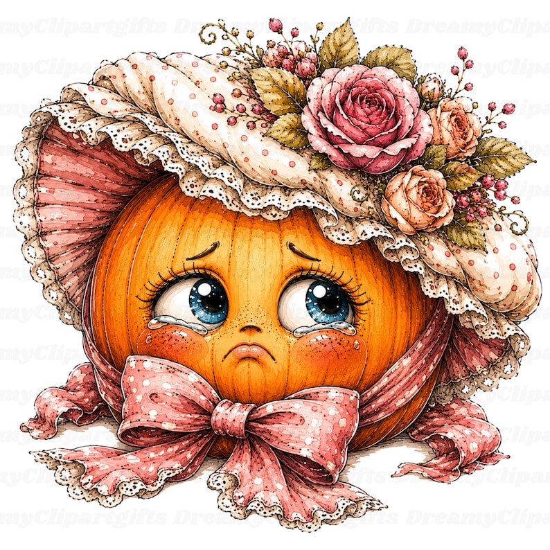 Puede incluir: Un personaje de calabaza naranja redondo con grandes ojos azules y una expresi&oacute;n triste, que lleva un gorro con volantes decorado con rosas rosadas y hojas verdes. El gorro est&aacute; atado bajo la barbilla con un gran lazo de cinta rosa con lunares.