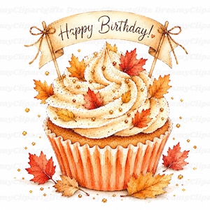 Puede incluir: Una ilustración en acuarela de un cupcake con glaseado color canela, chispas doradas y hojas de arce otoñales en tonos rojos, naranjas y amarillos. Una pancarta sobre el cupcake está atada a dos palitos y muestra el texto Happy Birthday.