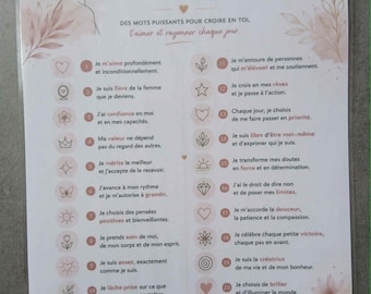Affirmations de confiance en soi féminine  ou masculin A4 - développement personnel femme (Choix parmi 2 modèles)