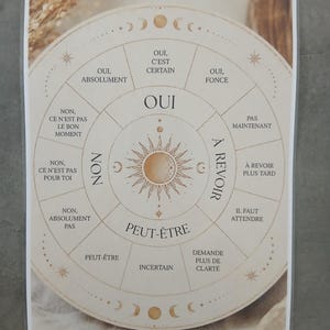 Puede incluir: Un tablero de adivinación circular impreso en una hoja rectangular con fondo beige. El diseño presenta una ilustración central de sol y luna rodeada por segmentos que contienen texto en francés como OUI, NON y PEUT-ÊTRE, con fases lunares.