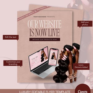 May include: A digital flyer template in a dusty rose color scheme featuring the text "OUR WEBSITE IS NOW LIVE!" and "BROWSE OUR PRODUCTS NOW!". The design includes a laptop and smartphone displaying a website, alongside images of wavy hair extensions.
