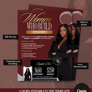 Könnte beinhalten: Eine bearbeitbare Flyer-Vorlage in Kastanienbraun und Gold mit dem Text Women Who Build The Masterclass, inklusive Abschnitten zu Branding, Positionierung und Online-Business-Strategien. Das Design enthält Platzhalter für Fotos und Preise.