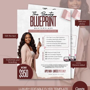 Puede incluir: Una plantilla de folleto digital titulada The Beauty Blueprint Masterclass que muestra a una persona sosteniendo una brocha de maquillaje, secciones de texto para objetivos y bonos, y marcadores de posición para fotos, marca y contacto en tonos neutros.