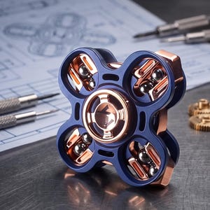 Könnte beinhalten: Ein Fidget Spinner mit vier Armen, bestehend aus einem matten marineblauen Rahmen mit polierten kupferfarbenen Akzenten und sichtbaren silbernen Kugellagern in jedem Arm. Die mittlere Kappe ist kreisförmig und aus metallischem Kupfer.