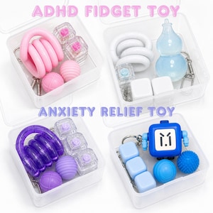 May include: Four clear plastic containers holding various sensory items including pink, white, purple, and blue fidget toys, textured spheres, small cubes with internal floral details, and a blue robot-shaped figure with a printed face.