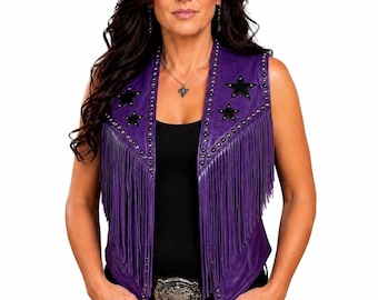 Chaleco de cuero con flecos, chaleco de motero estilo western, chaleco de vaquera para mujer, chaqueta de rodeo, regalo para ella.