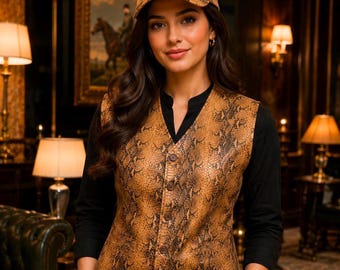 Leather Vest With Cap Snakeskin Western Brown Biker Waistcoat Gift For Him