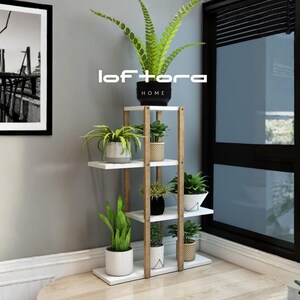 May include: A multi-tiered plant stand featuring a white and light wood frame with four shelves. The stand holds several potted plants, including a fern and various succulents. The text "loftora HOME" is visible above the top shelf.
