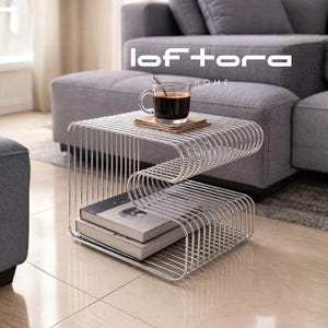 Modern Metal Side Table, Silver Wire End Table, Minimalist Accent Table with Storage, Contemporary Sofa Table