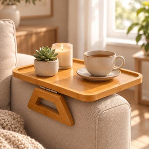 May include: A rectangular bamboo armrest tray with a hinged side clamp, featuring a light wood finish. On the tray sits a small green succulent in a grey ceramic pot, a white pillar candle in a glass jar, and a speckled ceramic tea cup on a saucer.