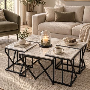 May include: A set of four square nesting tables with white marble-patterned tops and black metal geometric frames. The tables are arranged in a cluster, holding a glass cloche with a candle, a small ceramic vase, a bowl with spheres, and a cup.