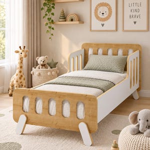Montessori Kids Bed 60x120 cm, Wooden Toddler Bed Frame, White & Oak Nursery Furniture, Rounded Edge Child Bed, Modern Kids Room Bed