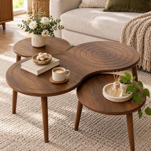 May include: A set of three nesting coffee tables made of dark brown wood with rounded edges and tapered legs. The largest table features concentric circular carvings on its surface. The tables are arranged in a tiered configuration with various decorative items including a white vase with flowers, a small bowl, a book, a ceramic mug, and a glass reed diffuser.