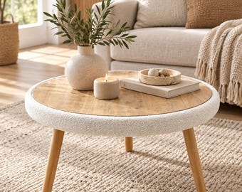 Round Natural Wood Coffee Table & Bench, 71 x 43 cm, Off White Modern Design