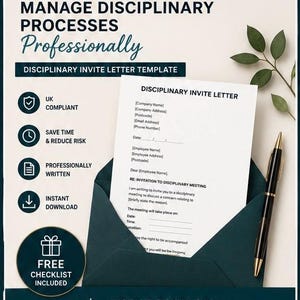 May include: A disciplinary invite letter template document inside a dark teal envelope with a black pen. The text reads ClearHR, Manage Disciplinary Processes Professionally, Disciplinary Invite Letter Template, UK Compliant, Save Time & Reduce Risk, Professionally Written, Instant Download, Free Checklist Included, and Instant Download Edit Print Use.